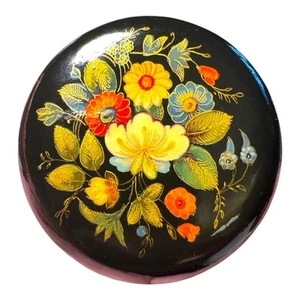 Vintage Hand Painted Papier Mache Lacquer Russian Floral Trinket Box Signed - Picture 1 of 12