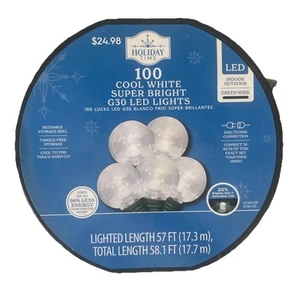 NEW! HOLIDAY TIME 100 Cool White LED Super Bright G30 Lights Green Wire 58.1' - Picture 1 of 4