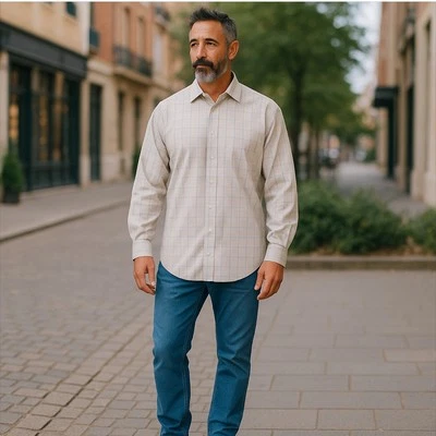 Camisa Donald J Trump Para Hombres 17.5 32/33 Azul Crema Tattersall Cuadros Abotonada Nueva Foto 1 de 4