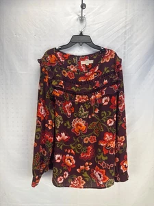 LOFT Floral Print Blouse Maroon Multicolor Long Sleeve Pullover Women’s XL - Picture 1 of 8