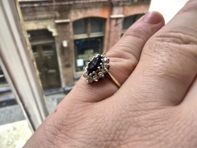 Vintage Marquise Sapphire and Cubic Zirconia Halo ring, 9ct gold - 2.2g size "N" - Image 1 of 4