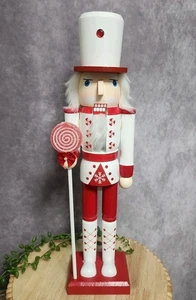 Red White Peppermint Candy Guard Nutcracker Wooden 15" Christmas Soldier NEW - Picture 1 of 7