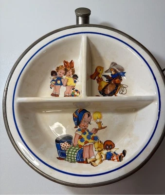 Plato de calentamiento dividido vintage para bebés para niños plato porcelana tazón de acero inoxidable Foto 1 de 4