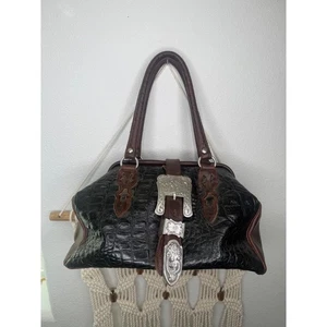 Borsa a mano vintage marrone western tracolla coccodrillo goffratura pelle bovina fibbia argento boho - Foto 1 di 6
