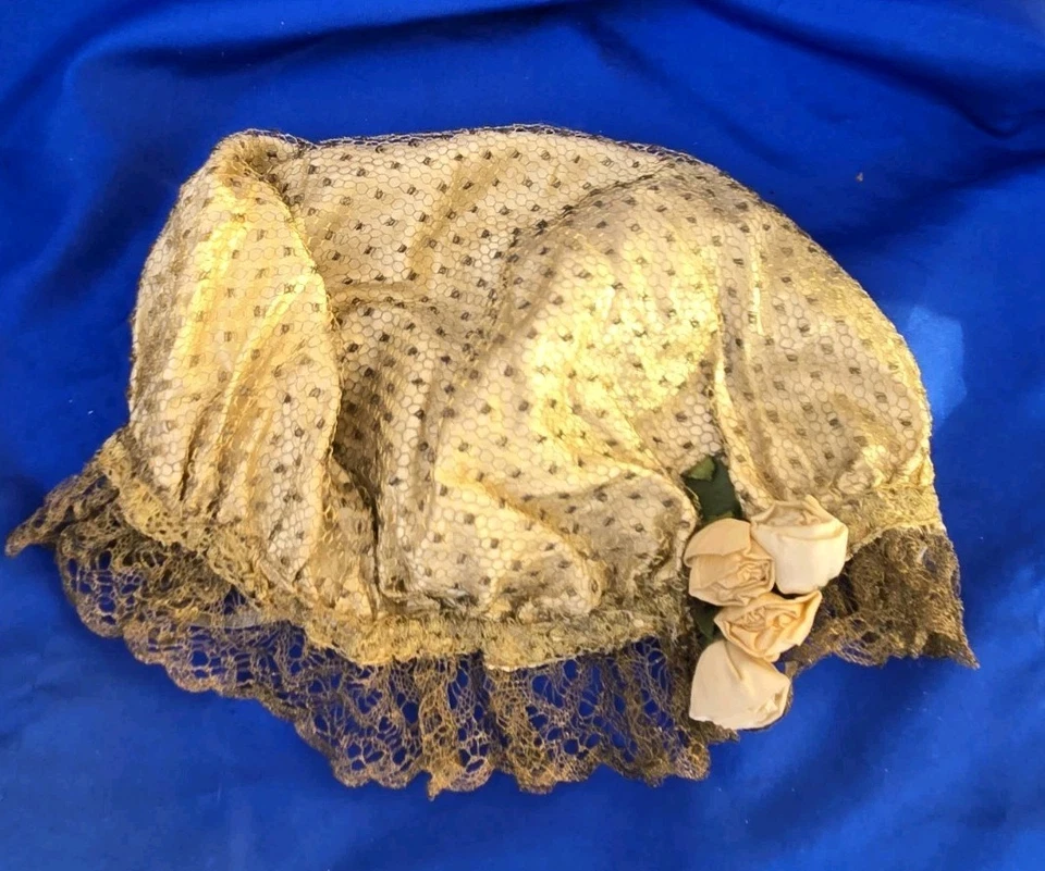 Antique 1920's Gold Metallic Lace Beige Silky Boudoir Cap With Rose  - Image 1 of 4
