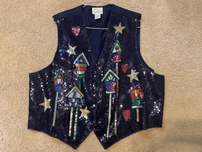 Usado en Excelente Condición Chaleco con Lentejuelas The Quacker Factory Casas para Pájaros Estrellas Corazones Talla 3X Foto 1 de 4