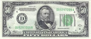 1934 $50 Small Size Federal Reserve Note, Light Green Seal, Circulated - Picture 1 of 2