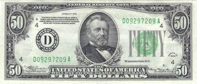 1934 $50 Small Size Federal Reserve Note, Light Green Seal, Circulated - Image 1 of 2