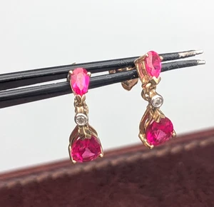 10k Yellow Gold Pear Shaped Ruby & Diamond Accent Stud Dangle Earrings ~ 1.8g - Picture 1 of 9