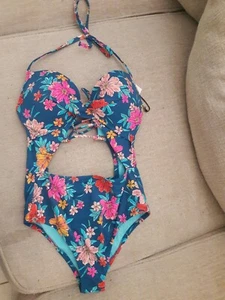 Shade & Shore Womens Jade Floral Cut Out One Piece Swimsuit 34D Beach Summer - Picture 1 of 7