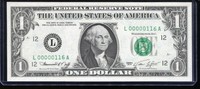 1974 $1 Federal Reserve Note Fancy LOW 3 DIGIT Serial #L00000116A Uncirculated