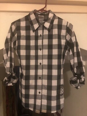 SMALL 3/4-5/6 Jr Girl Scouts Black & White Buffalo Plaid LS Button Down Shirt - Image 1 of 4