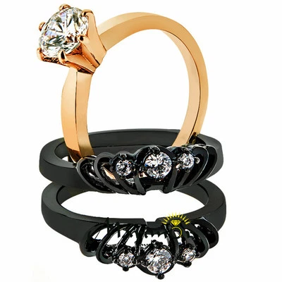 Women's Rose Gold & Black Stainless Steel AAA CZ Wedding Ring Band Set Size 5-10 - Image 1 of 4