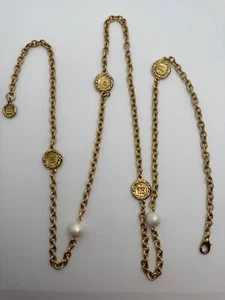 Vintage Givenchy Logo Faux Pearl Gold Chain Station Necklace - Picture 1 of 22
