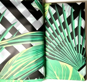 TROPICAL GREEN LEAVES ON BLACK WHITE CHEVRON PATTERN PEVA SHOWER CURTAIN - Picture 1 of 8