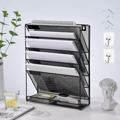 NEEDS & WANTS 5 Tier Wall Organiser Holder Hanging Wall Mesh Tray File Office Mail Paper Rack