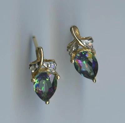 Nuevos pendientes de diamantes y topacio místico pera de 8 mm de oro amarillo macizo de 10K 1,51 gramos -JQ Foto 1 de 2