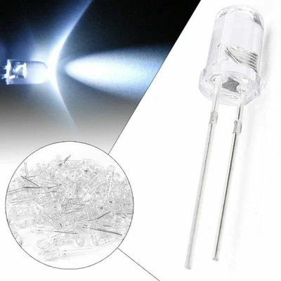 100x White LED 5mm Round Top Transparent Clear Tip PCB Board Solder F5 Bulbs - Image 1 of 4
