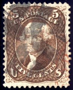 US 75 5c 1862 Thomas Jefferson red brown PF cert used - Picture 1 of 3