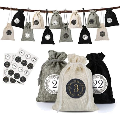 24 x Jutesäckchen Adventskalender Stoffbeutel mit Zahlenaufkleber Jute Beutel... - Bild 1 von 4