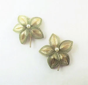 Gold Tone Wire Mesh Pearl Flower Brooch Lapel Scatter Pin Set Vintage - Picture 1 of 5
