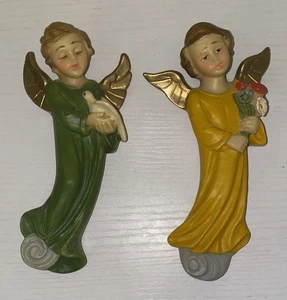 Two Vintage Resin Wall Hanging Cherub Angels Vtg Italy 5 1/2" Dove Girl Boy - Picture 1 of 8