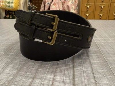 J. Crew Women’s Vintage Black Leather Belt Brass Double Buckle Sz L 36-38” - Image 1 of 4