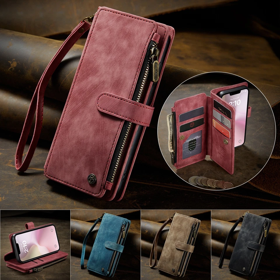 For iPhone 17 Pro Max 17 16 15 Magnetic PU Leather Flip Stand Zipper Wallet Case - Image 1 of 4