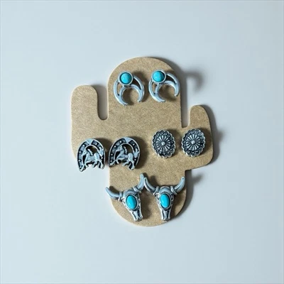Turquoise and Silver Western Rodeo Earrings Set, horse shoe, cow skull - Image 1 of 4