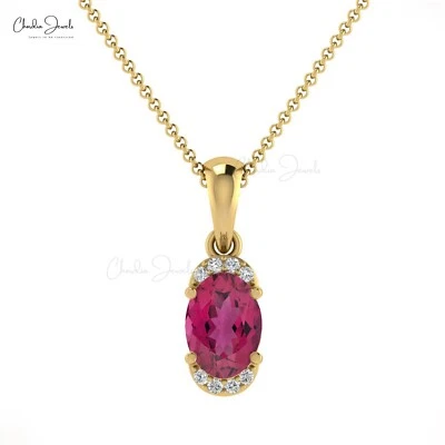 Collar Colgante Oro Sólido 14k 3/4 CT Corte Ovalado Turmalina Rosa y Halo de Diamantes Foto 1 de 4