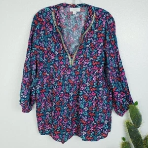 Charter Club Linen Luxury Tunic Top size XL Micro Floral Print Bejeweled Peasant - Picture 1 of 12