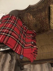 Chaps Home Throw Blanket Chenille Polyester Red Multicolor Plaid Fringes 50x60” - Picture 1 of 8