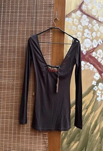Vintage Y2k Miss Sixty Brown Viscose Long Sleeve Off The Shoulder Top Size S - Picture 1 of 7