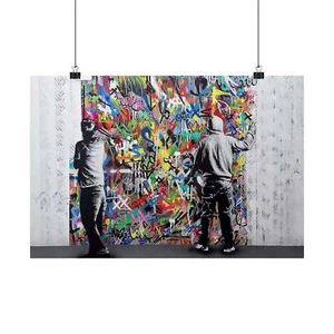 Banksy-Style Graffiti Poster: Two Boys Wallpapering Art Print - Picture 1 of 9