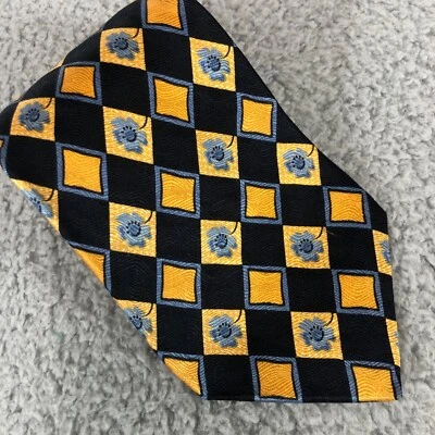 IKE BEHAR 59" Necktie Silk Blue & Gold Diamond Pattern w/Flowers - Image 1 of 4