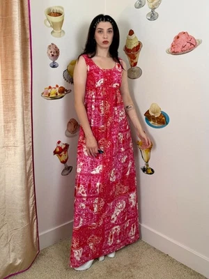 Vintage 60s Maxi Dress Patty Woodard Empire Waist Babydoll Aloha Tiki Cotton XS - Imagem 1 de 4
