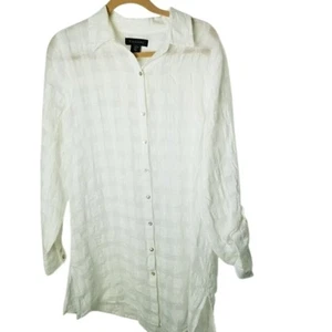 Tahari Womens White Linen Cotton Long Tunic Top Roll-Tab Sleeves M Lagenlook - Picture 1 of 8