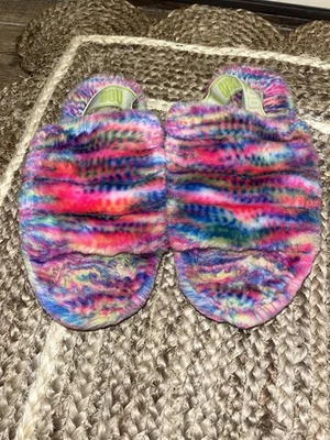 UGG женщин размер 6 Fluff Yeah слайд розовый пиксельный Rainbow б/у в отличном состоянии  - Изображение 1 из 4
