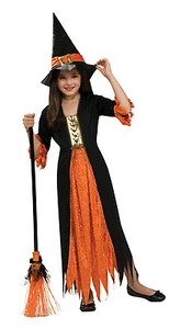 Niñas Naranja y Negro BRUJA GÓTICA Disfraz Renacimiento + Sombrero Niños Grande 12 14 - Imagen 1 de 1