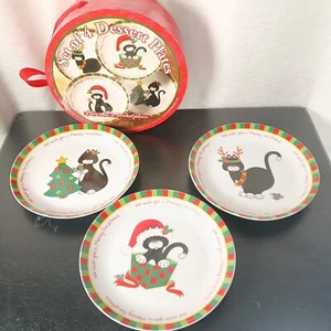Cats Christmas 6.5" Dessert Plates 2005 Stoneware Set Of 3 Meowy Christmas Decor - Picture 1 of 10