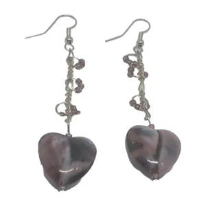 Purple Dangle Drop Earrings Heart Shape Beads Faux Amethyst Stone Chain Link 3"L - Picture 1 of 4