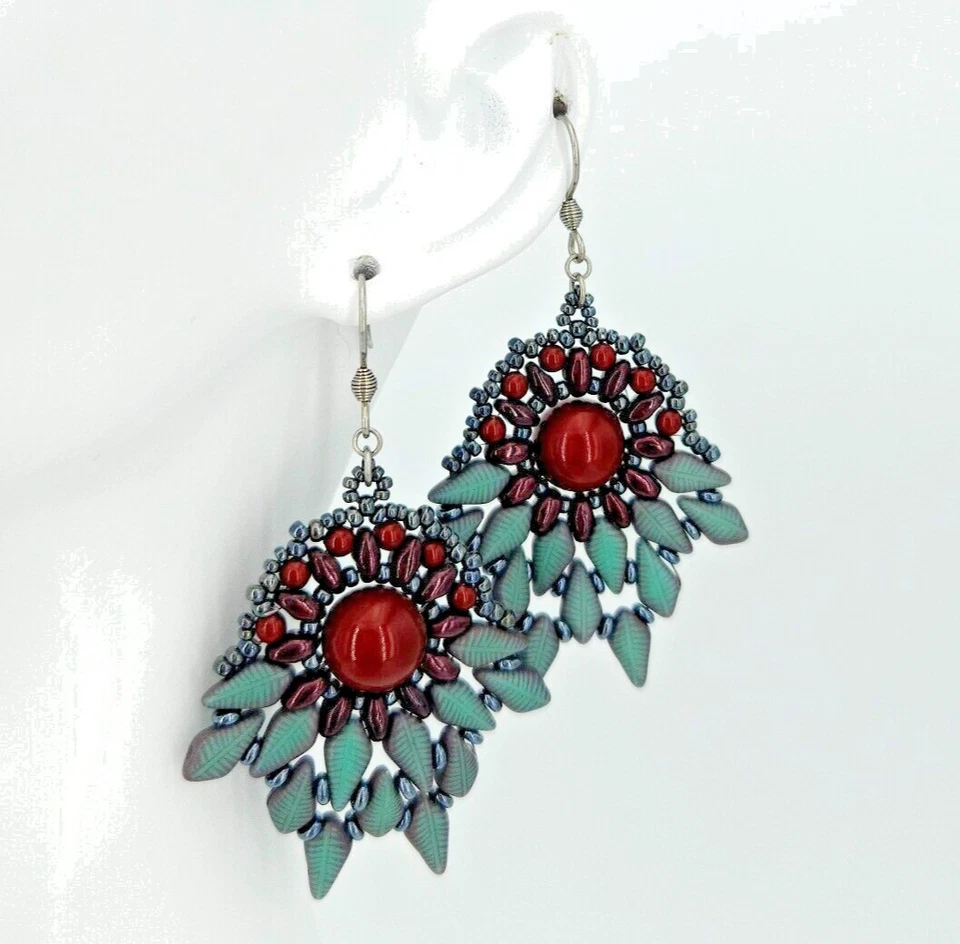 Ohrringe Grün Rot 925 Silber Ohrhaken Handarbeit Perlen Glasperlen Damen Schmuck - Bild 1 von 4