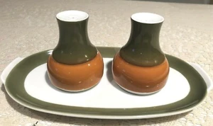 Vintage Thomas Germany Ceramic Salt & Pepper Shakers w/Tray Green/Orange/White - Picture 1 of 12