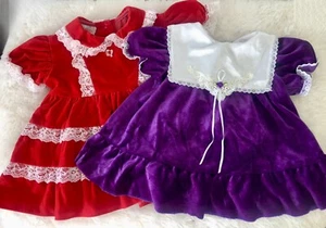 (2) Vintage 80s Allison Ann Red/Purple Velvet Baby Girl Dresses Christmas 6-9 Mo - Picture 1 of 8