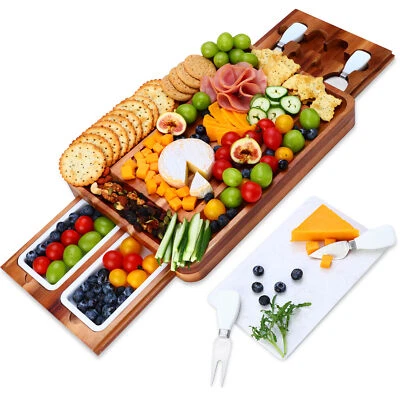 Large Acacia Wood Cheese Board Set Charcuterie Board with Drawers Marble Cutlery - image 1 of 4