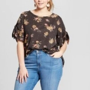 Plus Size Floral Print Knit T-shirt Ruffle Sleeve - Xhilaration Black Size 3X - Picture 1 of 4