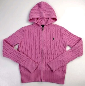 Polo Ralph Lauren Girls Mini-Cable Knit Cotton Full-Zip Hoodie Pink Size Large - Picture 1 of 6