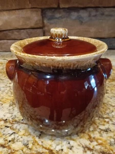 Vintage Hull USA ciotola smaltata a goccia marrone ceramica a prova di forno + coperchio - Foto 1 di 3