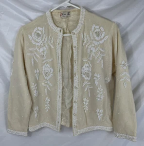 Vintage 50er Jahre Strickjacke Pullover Elsie Tu Elfenbein zierlich Blumenmuster Perlen Größe 38 Medium - Bild 1 von 7