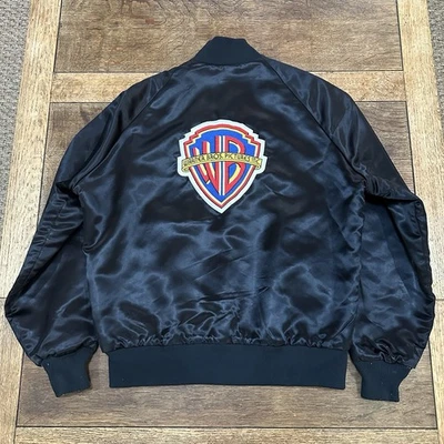 Chaqueta Bomber Warner Bros Años 80 De Colección Negra Satinada Hecha en EE. UU. De Colección Retro Talla L Foto 1 de 4
